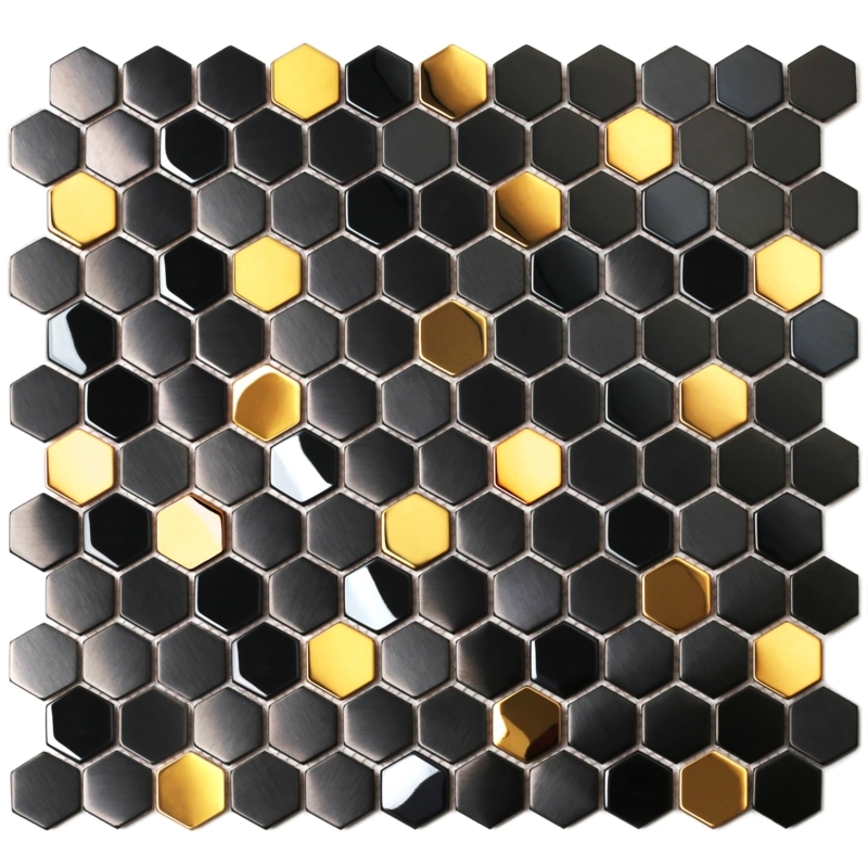 Mosaic Tile Hexagon Gold Accents Mixed Finishes Black