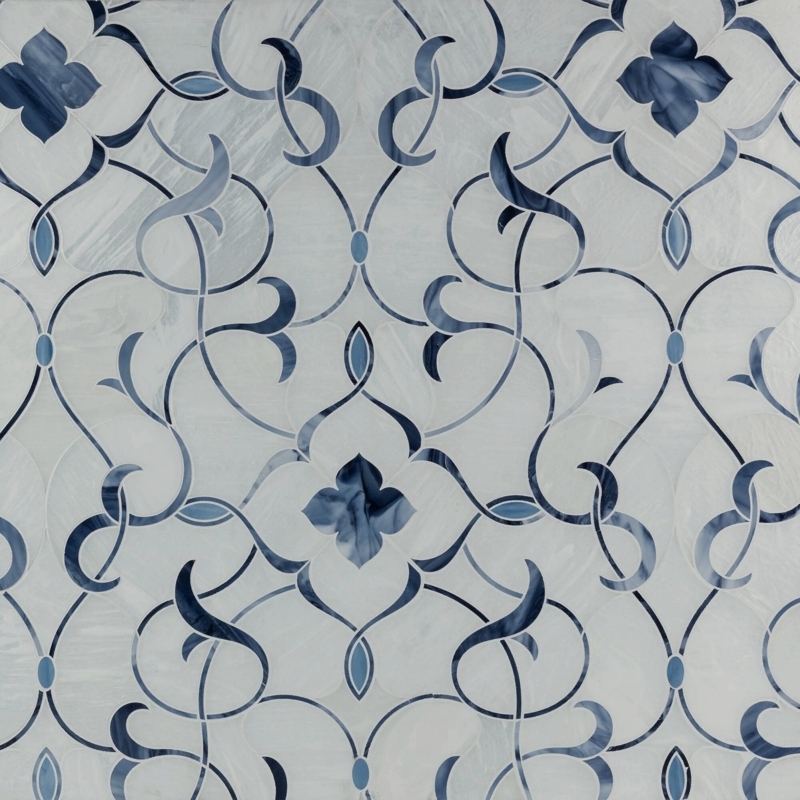 Mosaic Tile Intricate Arabesque Lines Blue Mottled Inlay