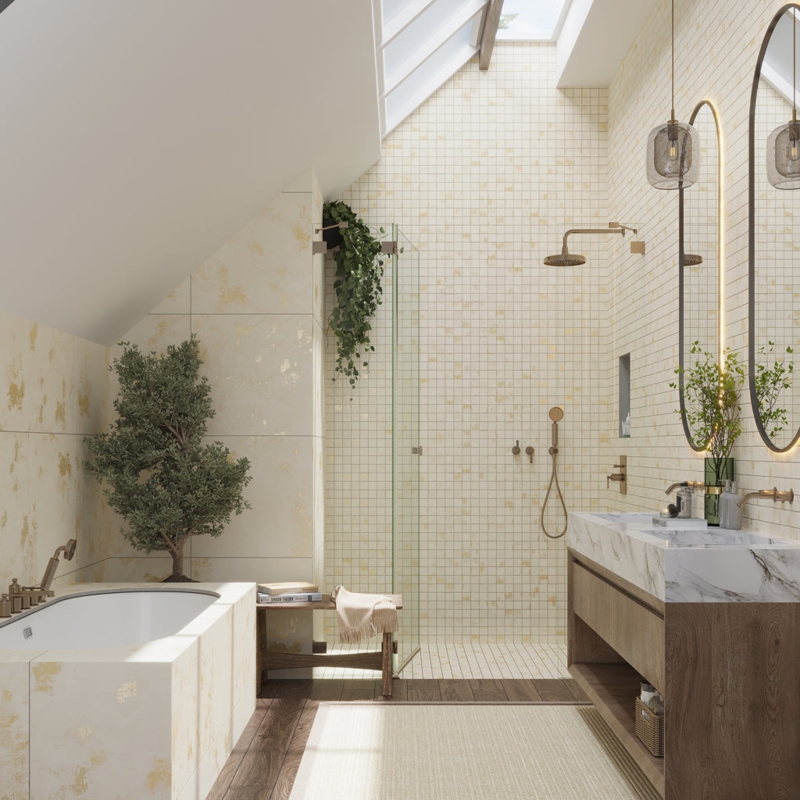 Mosaic Tile Matte Gold Flecked Attic Bathroom Layout Brass Accents
