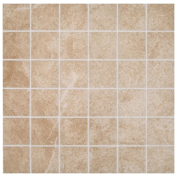 Mosaic Tile Mottled Ceramic Stone Look Beige Grid Pattern