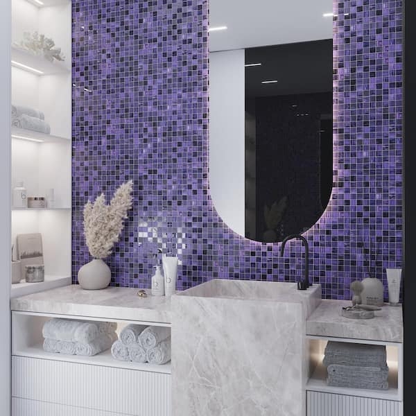 Mosaic Tile Polished Glass Vibrant Violet Black Accent Grid