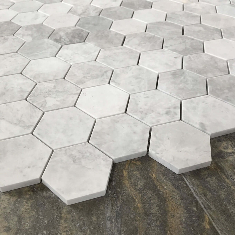 Mosaic Tile Polished Honeycomb Marbled Veining White Gray
