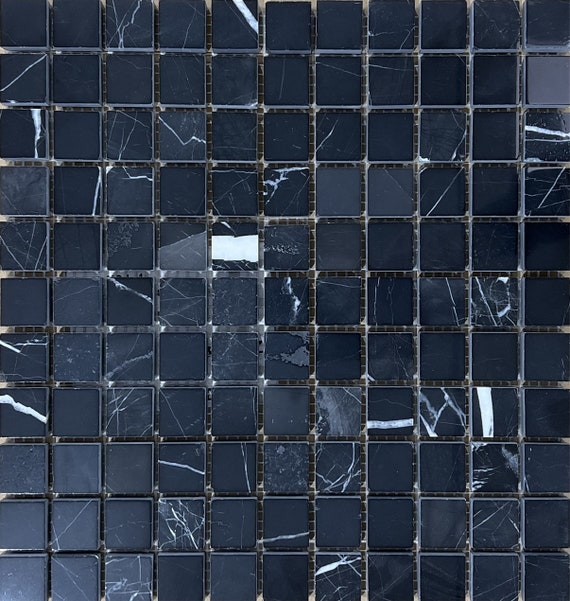 Mosaic Tile Polished Navy Blue Marble Veining Square Grid