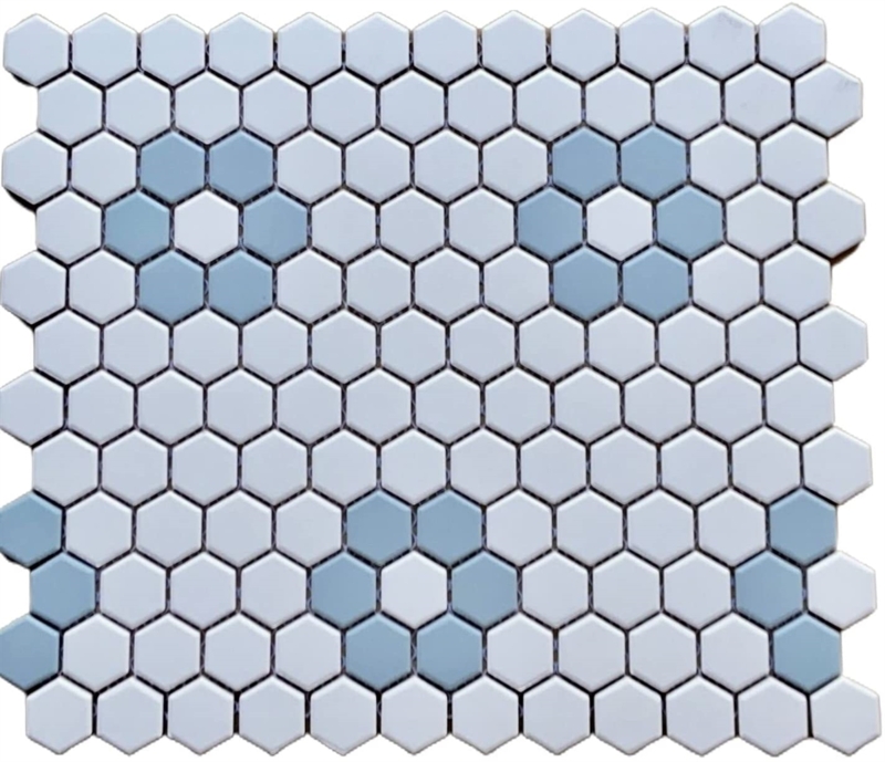 Mosaic Tile Sheet Hexagon Mid-Century Aqua Floral Dot Pattern Porcelain