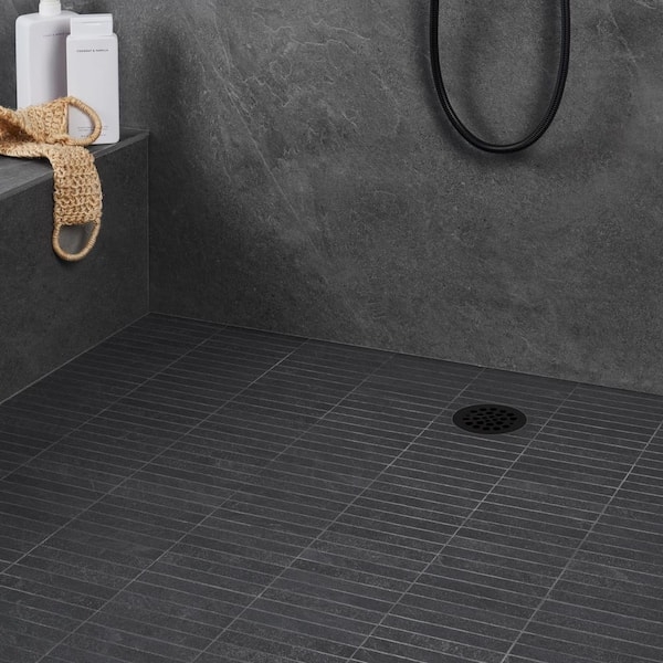 Mosaic Tile: Stacked Linear Mosaic, Stacked Black Bathroom Floor, Matte Porcelain