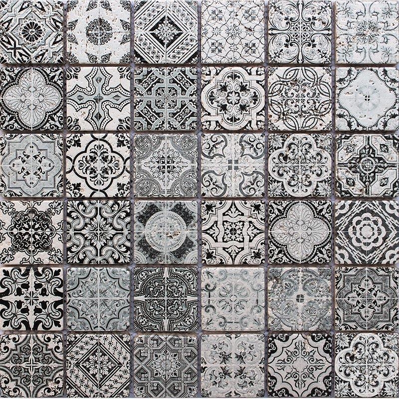 Mosaic Tile Varied Patterns Distressed Finish Monochromatic Charcoal