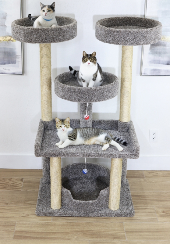 Multi-Level Cat Tree with Triple Top Perches and Charcoal Gray Carpet