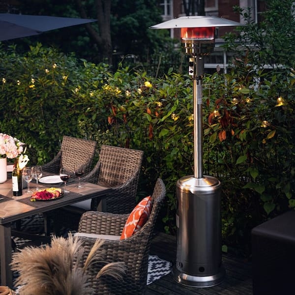 Mushroom Dome Patio Heater, Brushed Stainless Steel Cozy Dining.