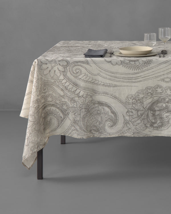 Muted Grey Linen Tablecloth with Oversized Paisley Print and Matte Finish.