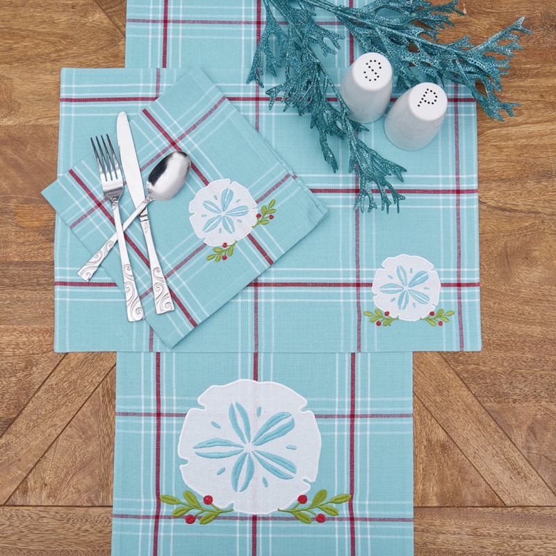 Napkins in Aqua Plaid with Sand Dollar Embroidery and Red Berries