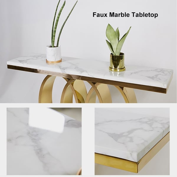Narrow Console Table Faux Marble Top Interlocking Metal Base