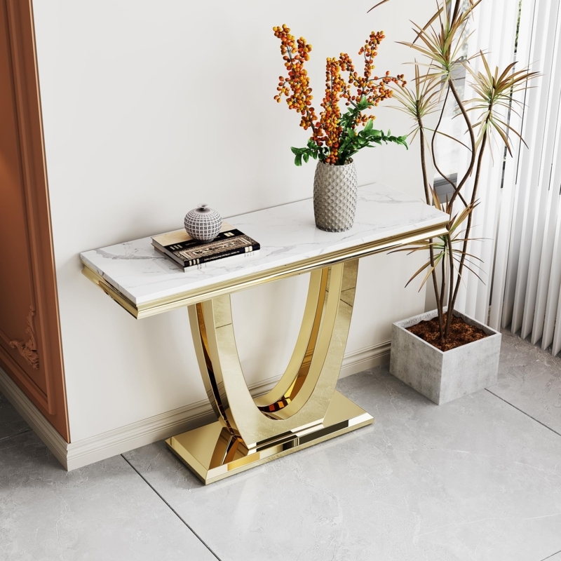 Narrow Console Table Gold U-Shaped Base White Stone Look Modern