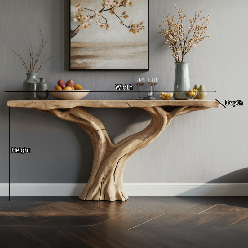 Narrow Console Table with Sculptural Tree Trunk Base