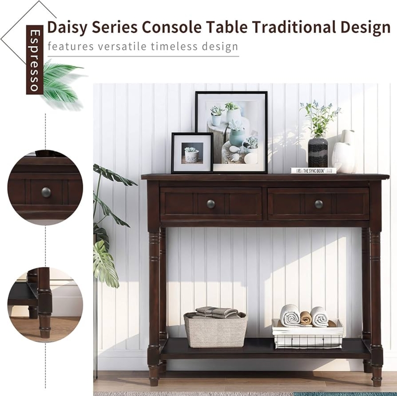 Narrow Entryway Table Espresso Wood with Turned Legs & Storage