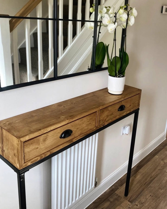 Narrow Industrial Console Table with Cup Pulls over Radiator
