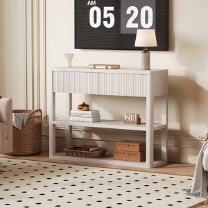 Narrow White Console Table with Textured Fluted Drawer Fronts