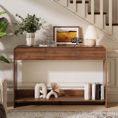 Narrow Wood Console Table with Three Drawers and Rounded Corners