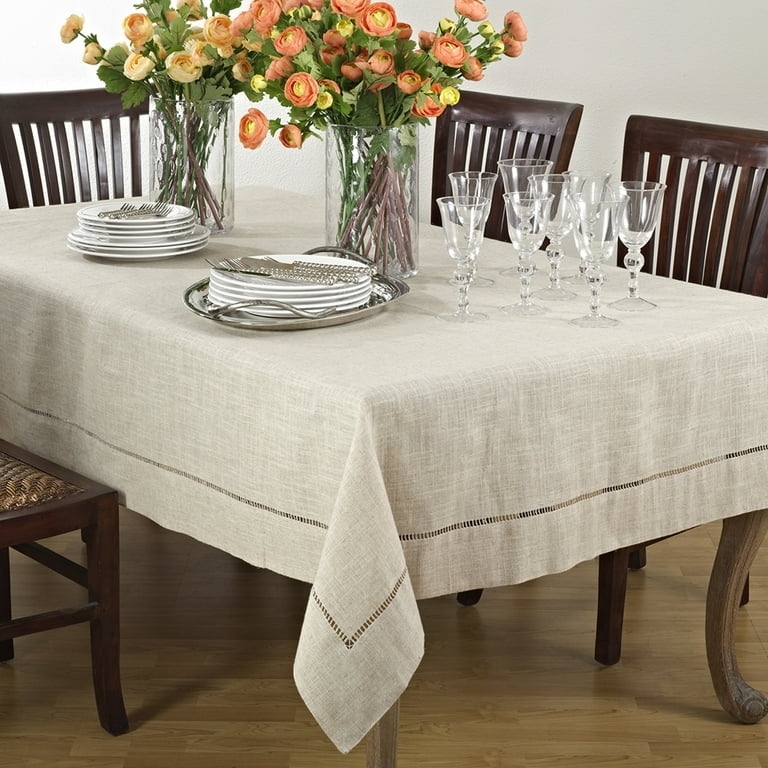 Natural Beige Tablecloth, Hemstitch Border Tuscan Style