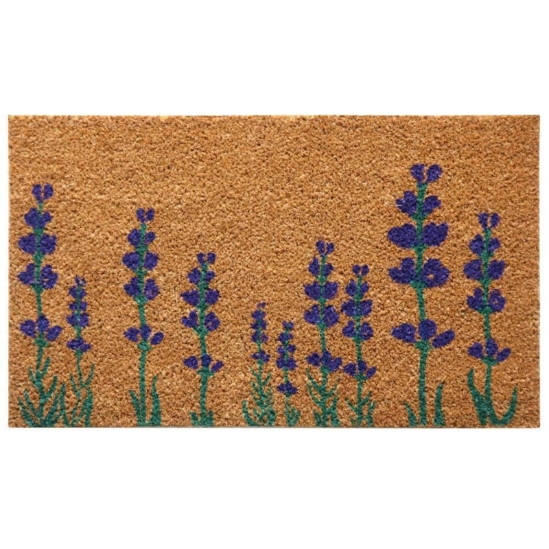Natural Coir Doormat Botanical Lavender Print Coarse Texture Cottage