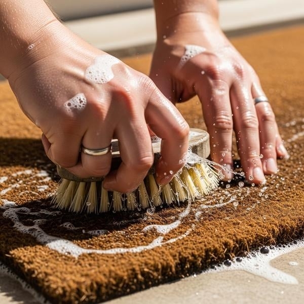 Natural Coir Doormat Maintenance Scrubbing Close-Up