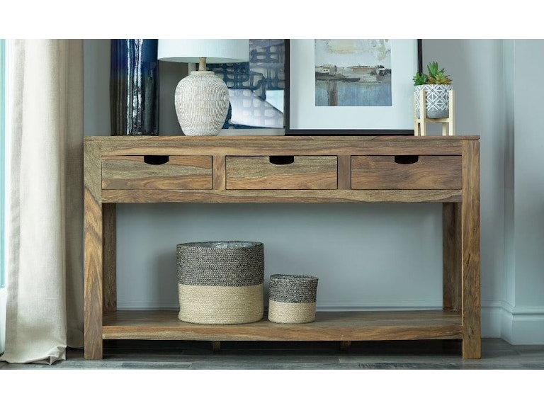 Natural Sheesham Console Table with Three Drawers and Cutout Handles