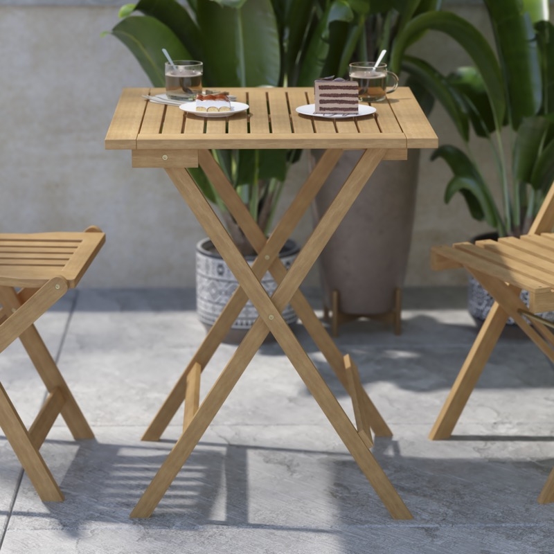 Natural Wood Folding Table, Square Slatted Top Design
