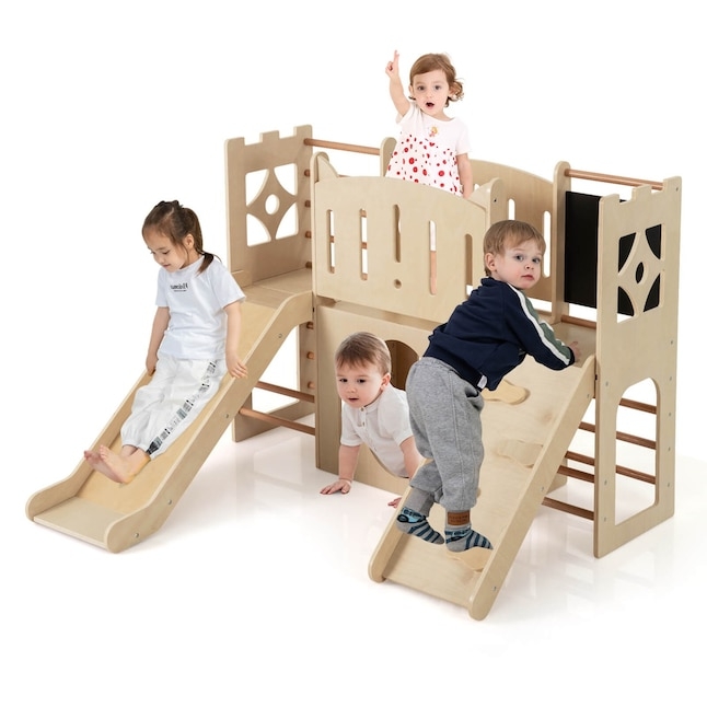 Natural Wood Indoor Playground 8-In-1 Climber with Slide and Chalkboard