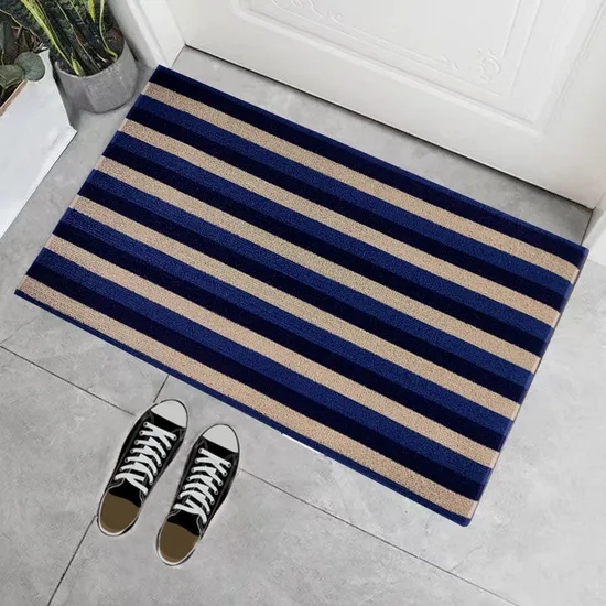Nautical Doormat Navy Blue Stripes Ribbed Texture Low Profile