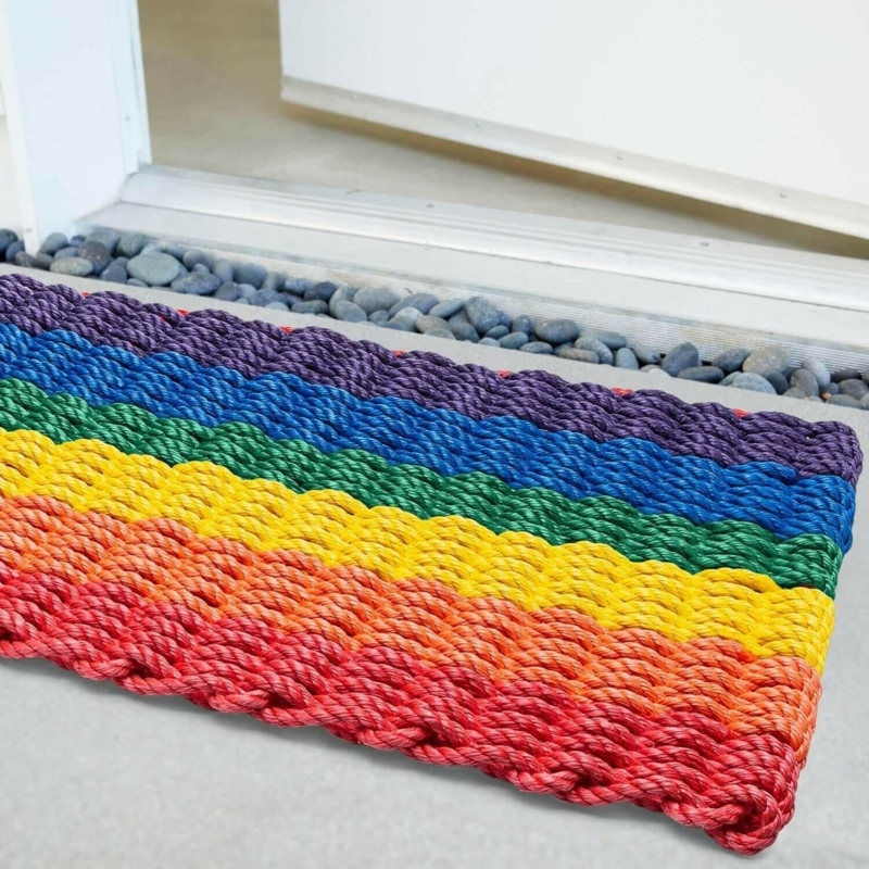 Nautical Rope Doormat Rainbow Striped Chunky Weave Coastal Porch Mat