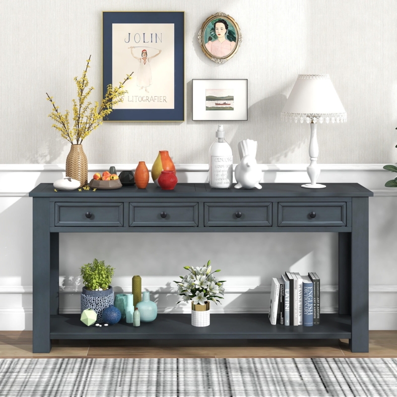 Navy Blue Console Table with Four Drawers & Bottom Shelf for Entryway