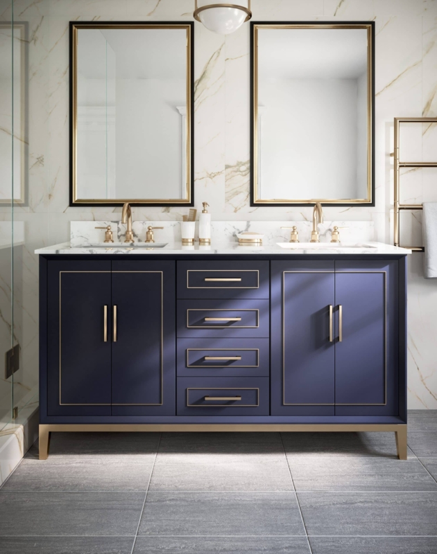 Navy Blue Double Bathroom Vanity, Gold Trim & Marble Top