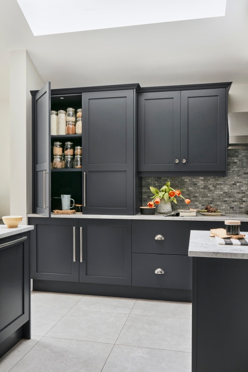 Navy Blue Kitchen Cabinets Mixed Silver Hardware Mosaic Backsplash