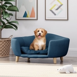 Navy Blue Sofa-Style Pet Bed with Tapered Wood Legs