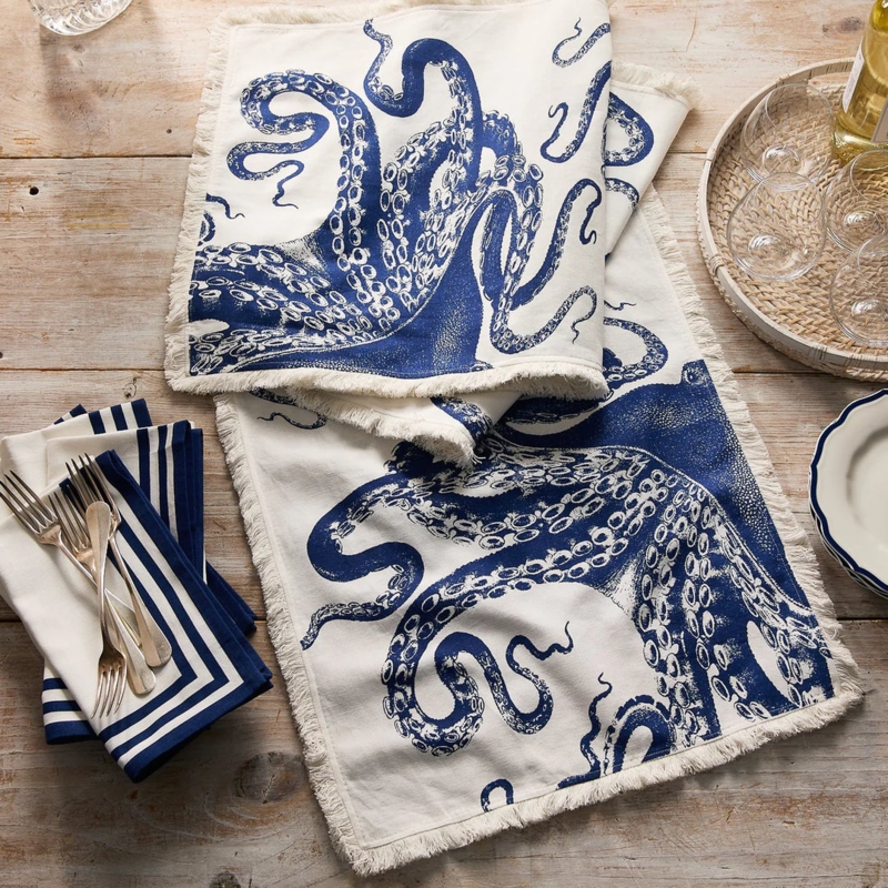 Navy Octopus Print Table Runner with Fringed Edges