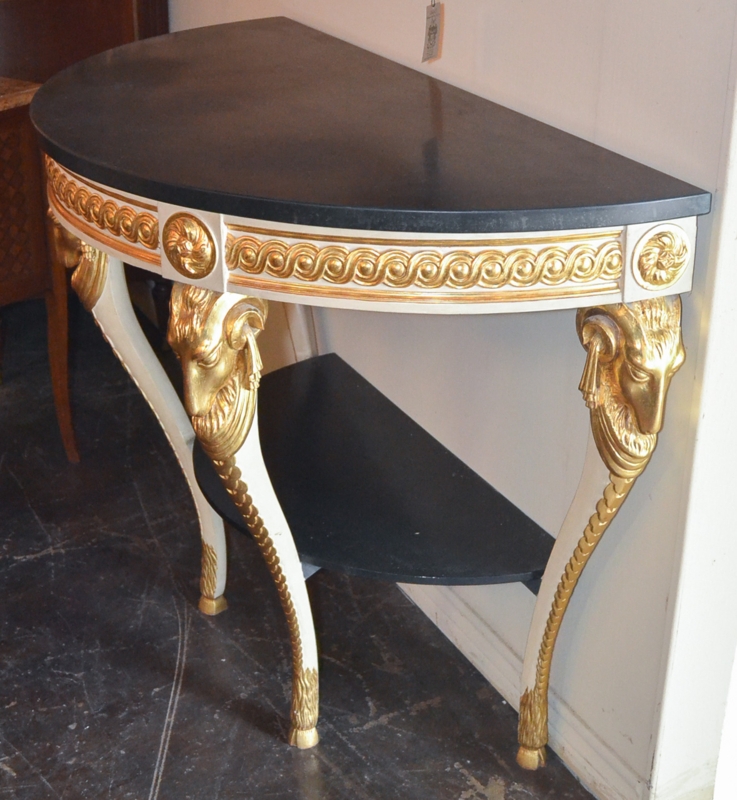 Neoclassical Console Table Demi-Lune Ram Head Carvings Stone Top