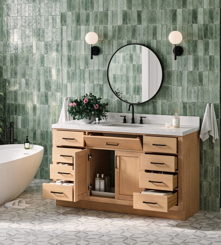 Oak Bathroom Vanity, Matte Black Hardware & Round Mirror