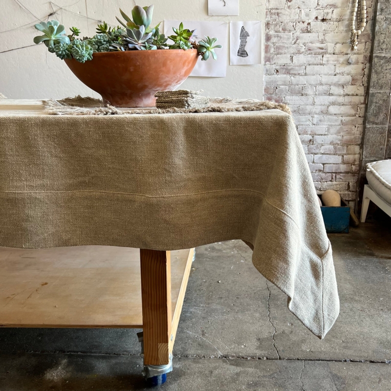 Oatmeal Tablecloth Coarse Weave Fringed Edges Heavy Drape Rustic