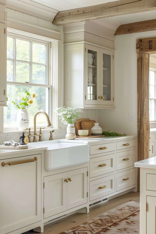 Off-White Shaker Cabinets with Rustic Beams and Brass (63 characters)