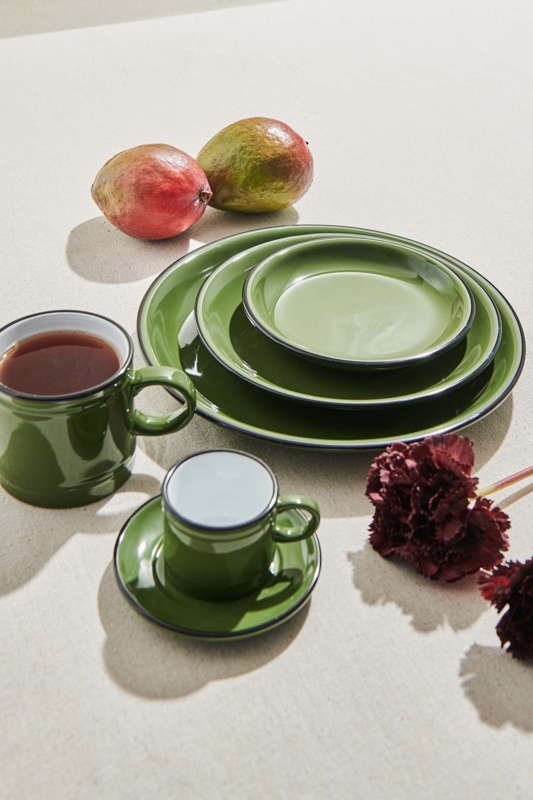 Olive Green Ceramic Dinnerware Set accented with a contrasting Black Rim