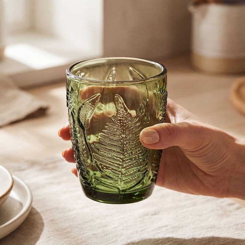 Olive Green Glass Tumbler with Botanical Fern Embossing and Weighted Base