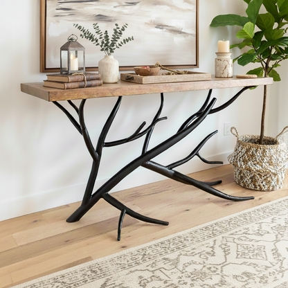 Organic Modern Console Table Hand-Forged Iron Branch Base Wood