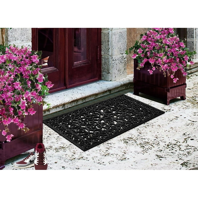 Ornate Black Doormat, Mediterranean Style Scrollwork, Low Profile