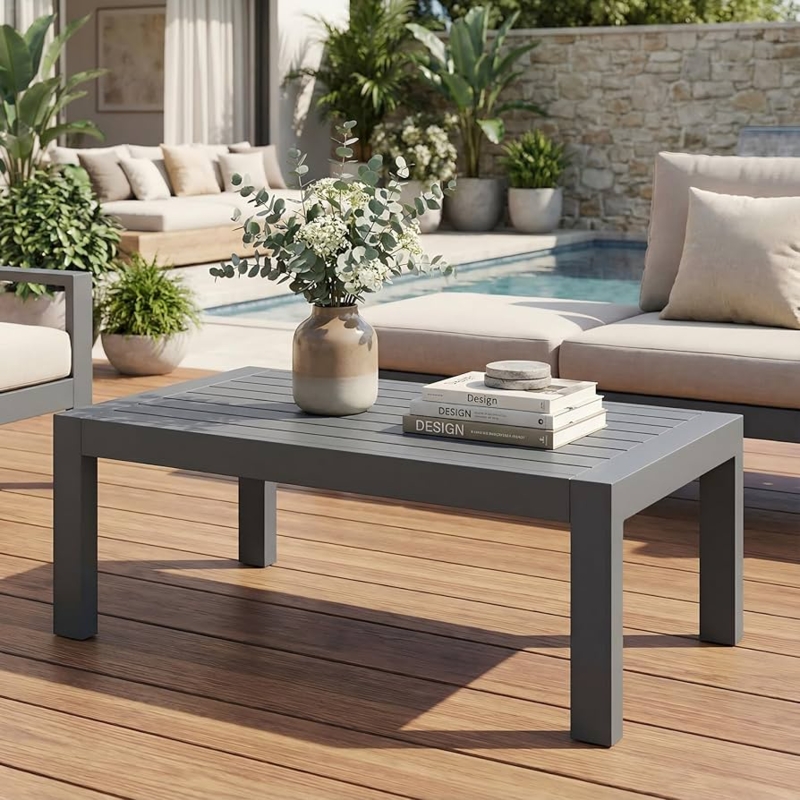 Outdoor Coffee Table Aluminum Dark Charcoal Slatted Top Modern