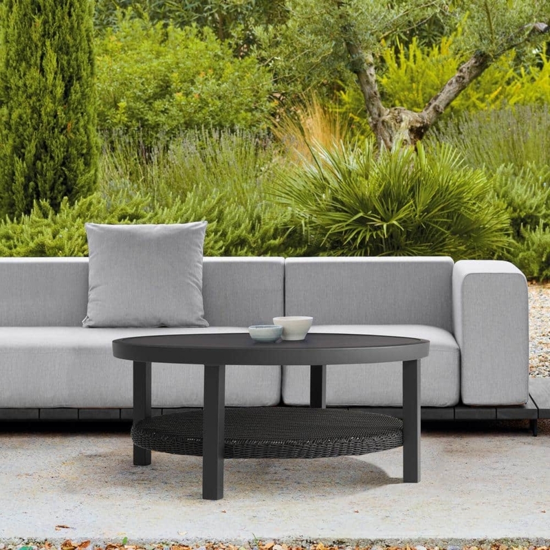 Outdoor Coffee Table Round Black Woven Shelf Contemporary Metal