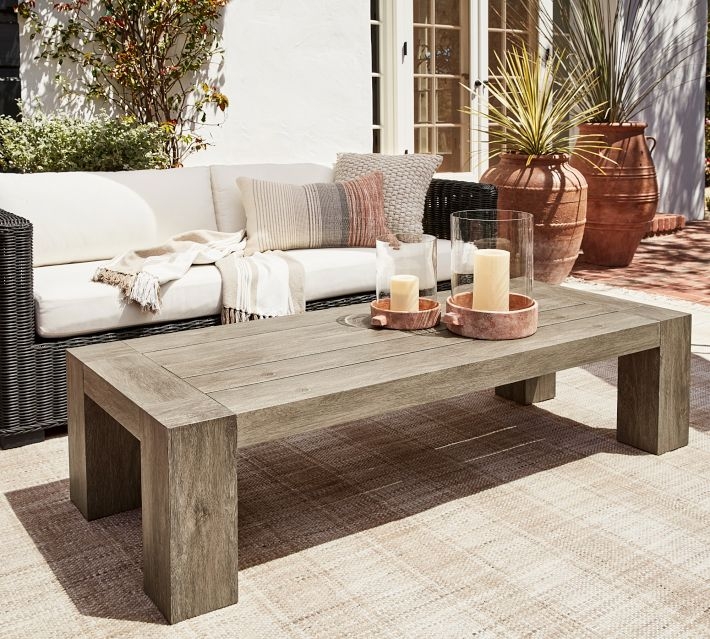 Outdoor Coffee Table Weathered Grey Chunky Block Legs Rustic