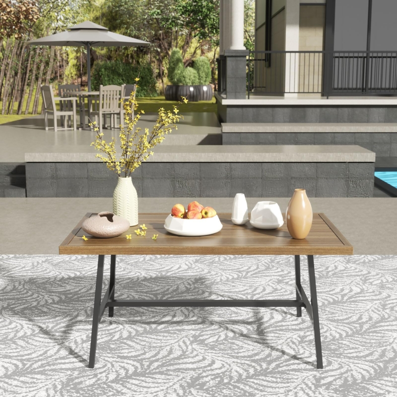 Outdoor Coffee Table Wood Look Top Slim Metal Frame Modern