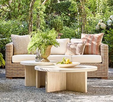Outdoor Coffee Tables Nesting Stone-Like Top Wood Base Coastal