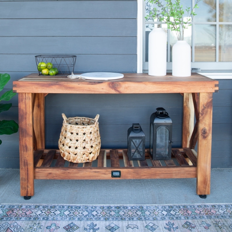 Outdoor Console Table, Wood Slatted Shelf, Modern Farmhouse Patio Buffet
