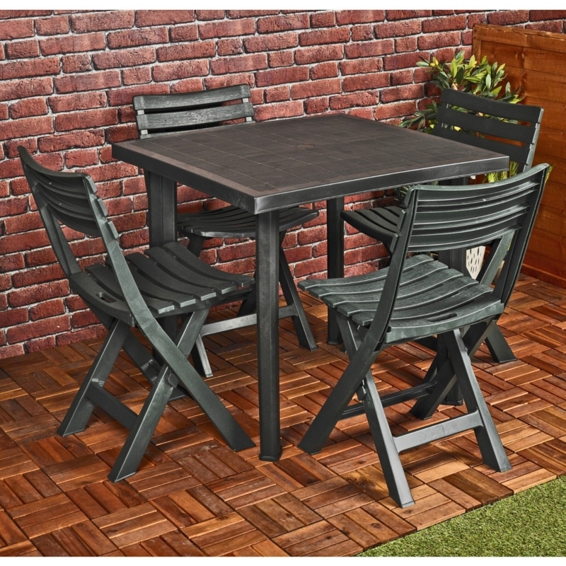 Outdoor Dining Set, Black Folding Chairs Slatted Design for Garden Patio