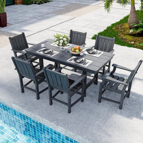 Outdoor Dining Set, Charcoal Gray 7-Piece Slatted for Modern Poolside deck